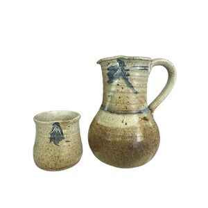 Studio Art Pottery Pitcher and  Mug Set Beige Glaze Blue Accents Signed